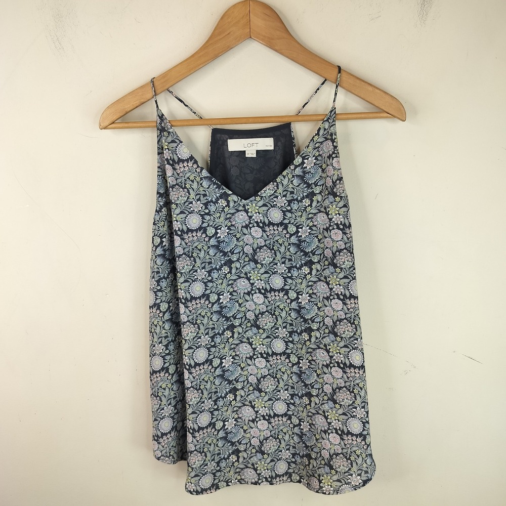 LOFT Floral Camisole Tank Petite Small Womens Spaghetti Strap Boho Cottage Navy